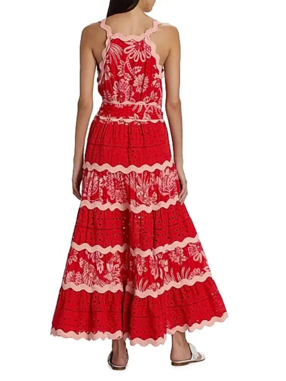 FARM RIO Flowerful Birds Maxi Dress XL NWT Red Pink Eyelet Lace V-Neck Plunge - Picture 4 of 13